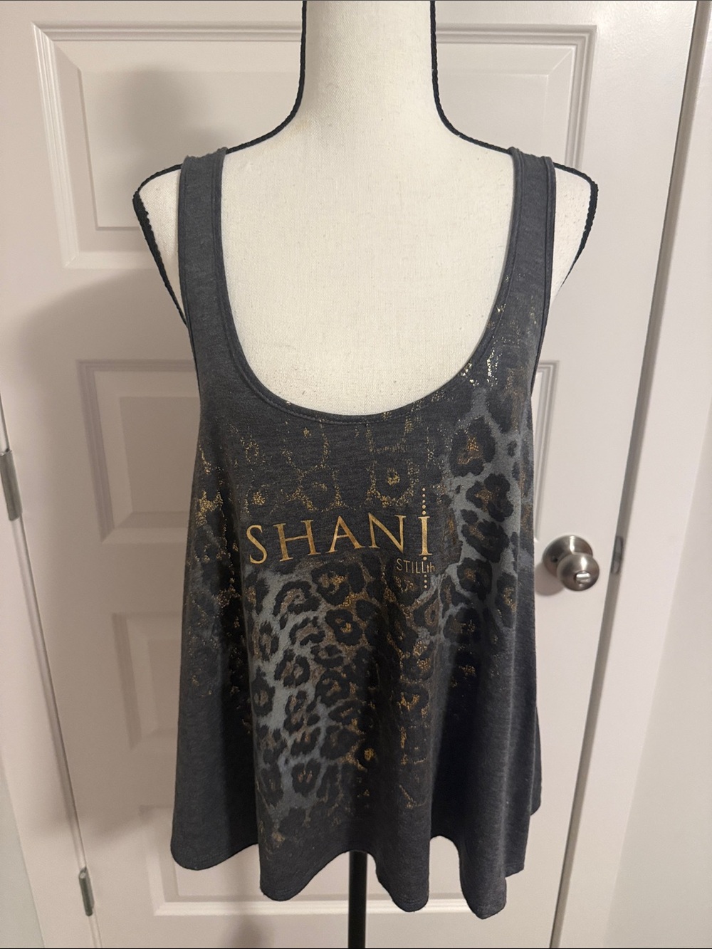 SHANIA| STILL the ONE Charcoal Gray Tank with Metallic Gold Leopard Logo